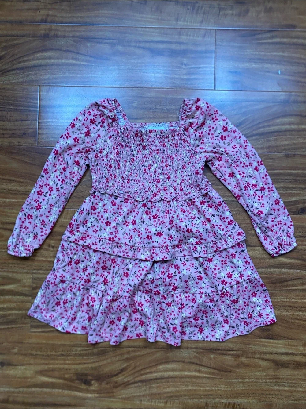 Btween Girls Pink Smock Floral Tiered Long Sleeve Mini Dress Size 4 Cottagecore